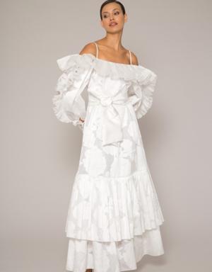 Organza Pleat Ruffle Detailed Belted Long White Dress