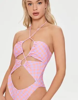 Forever 21 Checkered Cutout One Piece Swimsuit Salmon/Lavender