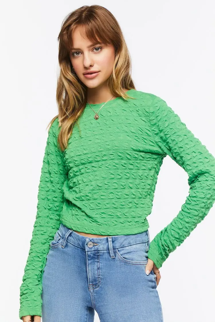 Forever 21 Forever 21 Textured Long Sleeve Crop Top Green. 1