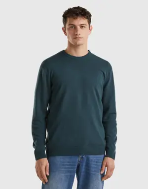dark green crew neck sweater in pure merino wool