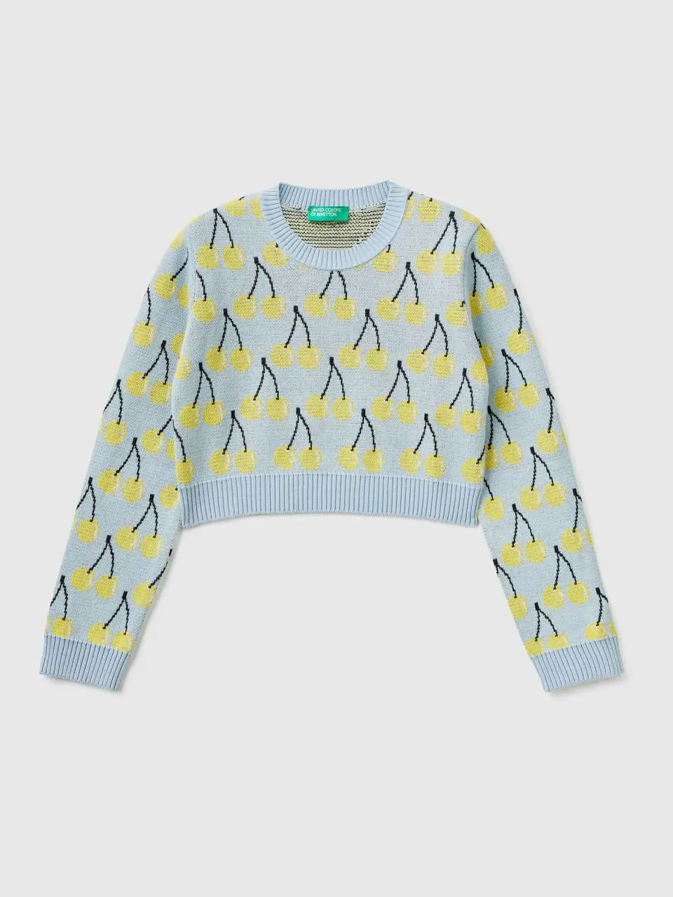 Benetton sky blue cropped sweater with cherry pattern. 1