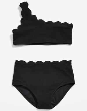 One-Shoulder Scallop-Trim Swim Set for Girls black