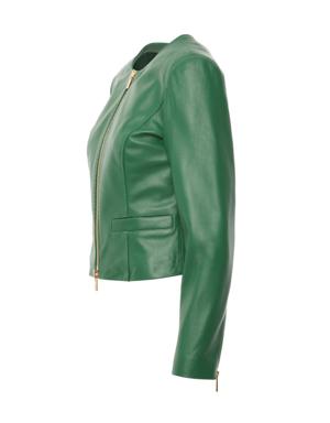 Green Leather Jacket With Slits On The Back and Double Zipper Detail