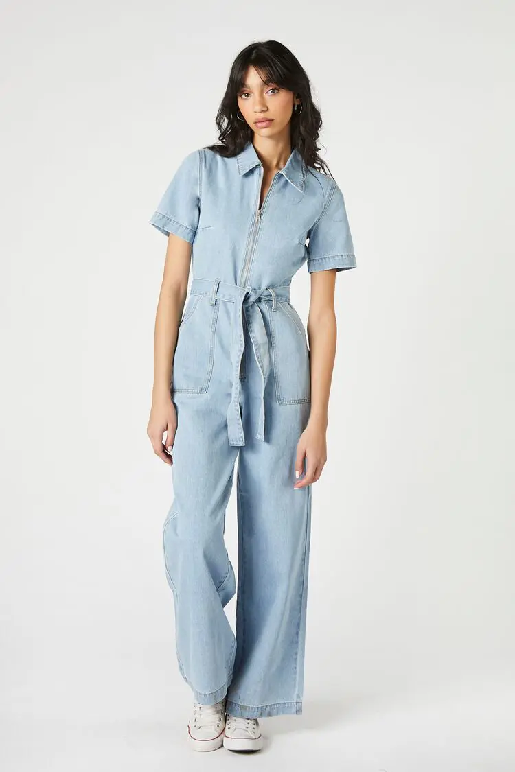 Forever 21 Forever 21 Tie Waist Wide Leg Jumpsuit Light Denim. 1