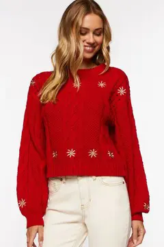 Forever 21 Forever 21 Embroidered Floral Cable Knit Sweater Red/Tan. 2
