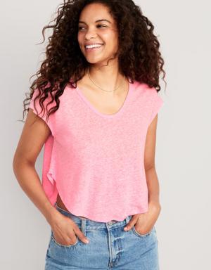 Linen-Blend Cropped Voop-Neck T-Shirt for Women pink