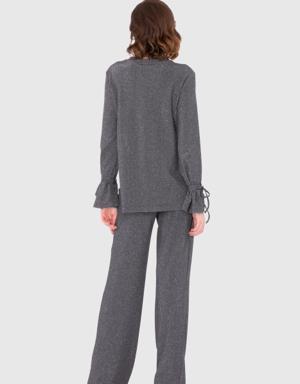 Asymmetrical Cut Waist Blouse and Trousers Gray Suit