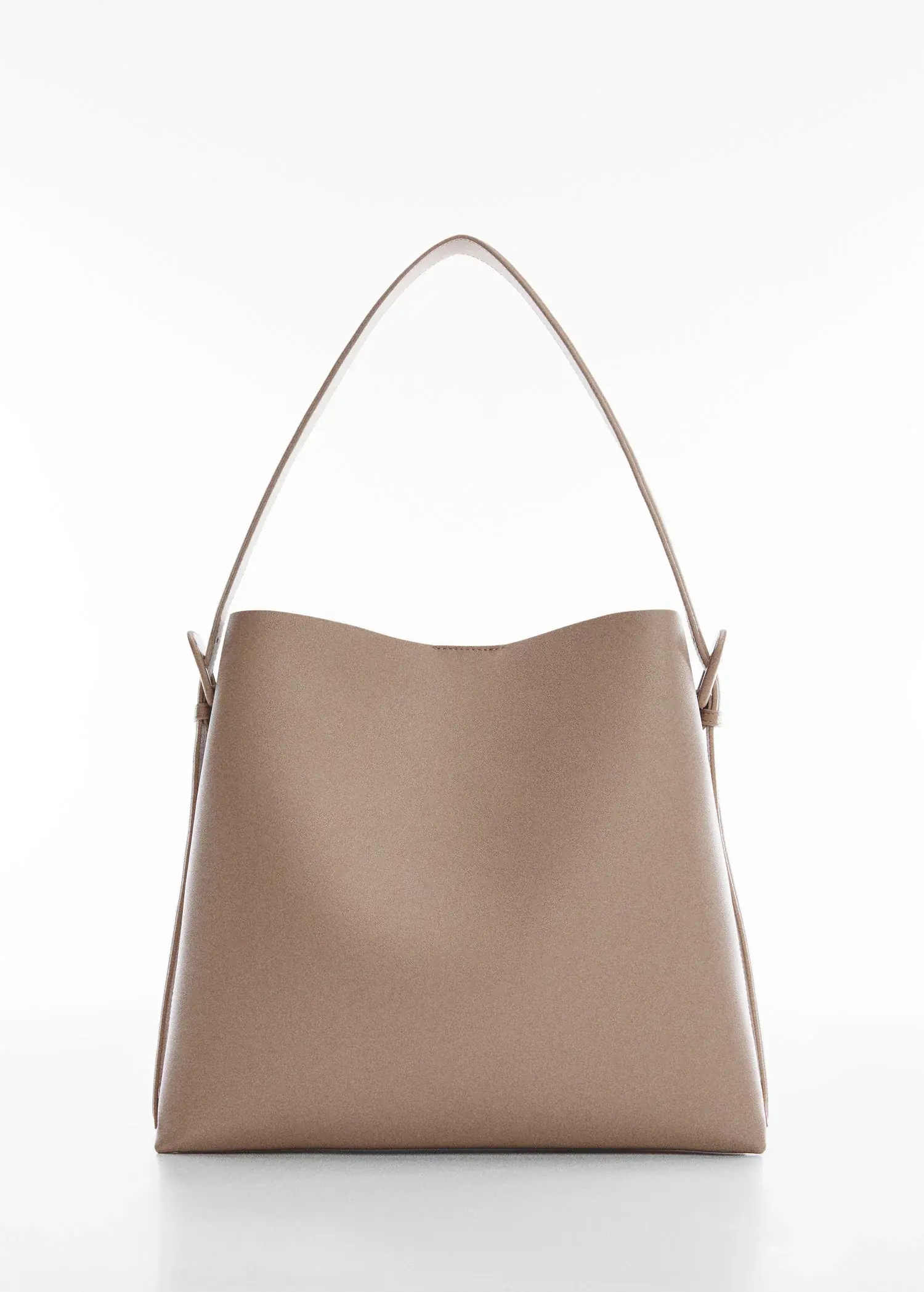 Mango Shopper bag with buckle. a tan purse is shown on a white background. 