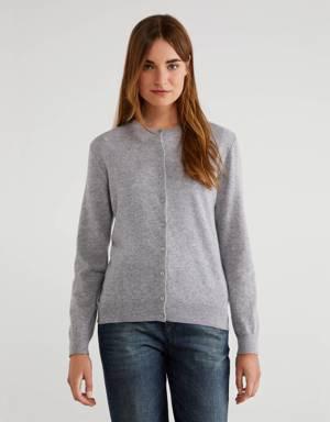 Light gray crew neck cardigan in pure Merino wool