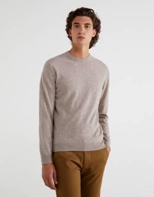 Dove gray crew neck sweater in pure Merino wool
