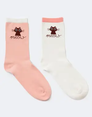 2'li Paket Meow Kadın Soket Çorap ECRU-ROSE PINK