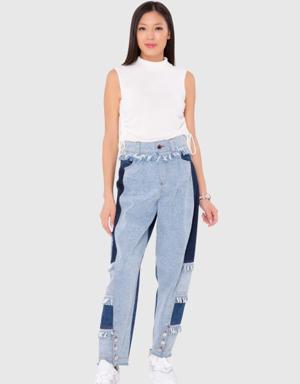 Two-Color Mom Jeans With Embroidery Detail