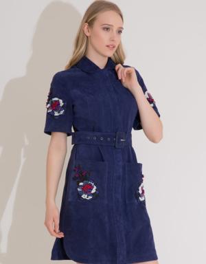 Embroidery Detailed Zippered Suede Navy Blue Dress