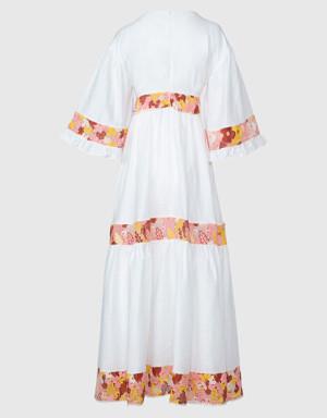 V-Neck Floral Patterned Ecru Long Dress