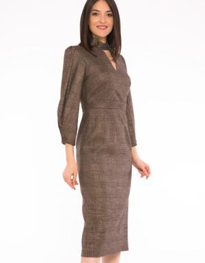 Metallic Plaid Fabric, Stand-Up Collar Midi Pencil Dress