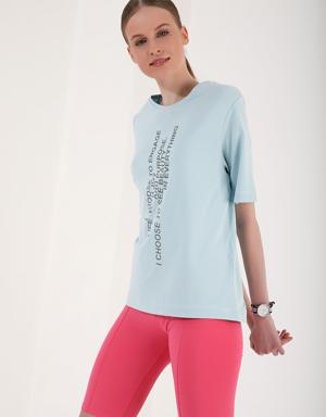 Açık Mavi Dikey Yazı Baskılı O Yaka Kadın Oversize T-Shirt - 97138