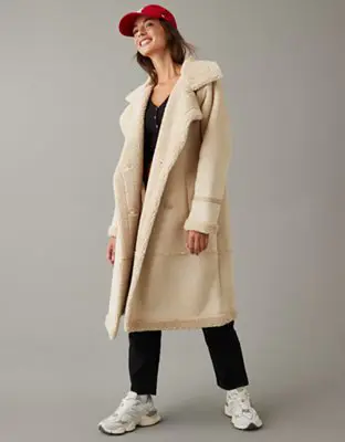 American Eagle Long Vegan Shearling Coat. 1