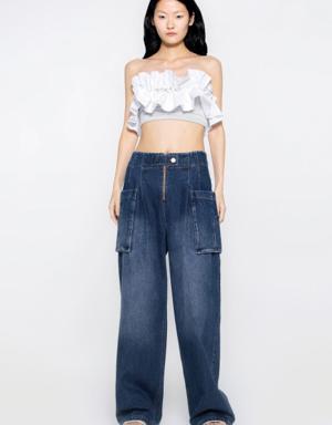Grey Crop Top With Embroidered Ruffle Detail Back Zipper