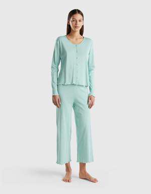 Kadın Yosun Yeşili Bol Paçalı Beli Lastikli Pijama Takımı