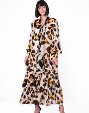 Neck Tie Detailed Leopard Pattern Long Chiffon Dress
