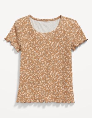 Printed Rib-Knit Lettuce-Edge T-Shirt for Girls gray