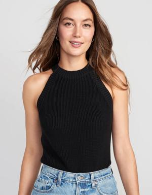 Sleeveless Cropped Shaker-Stitch Sweater for Women black