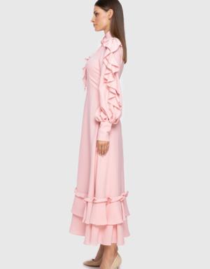 Flounce And Embroidered Detail Stand Up Collar Pink Crepe Dress