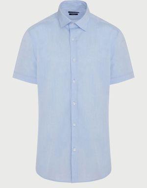 Mavi Comfort Fit Kısa Kollu %100Pamuk Düz Basic Klasik Gömlek