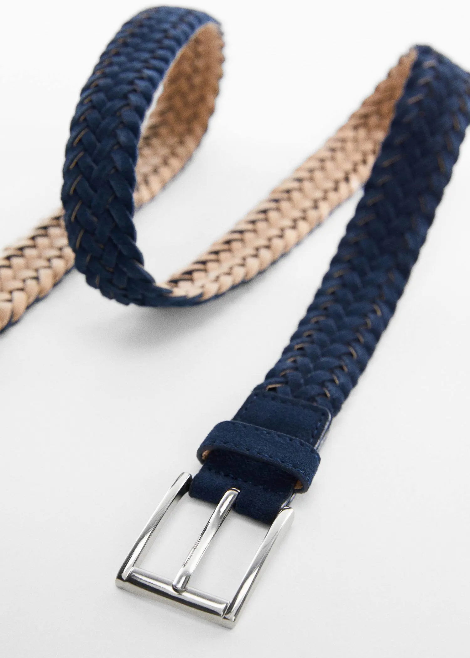 Mango Braided suede belt. a close-up of a blue and beige belt. 