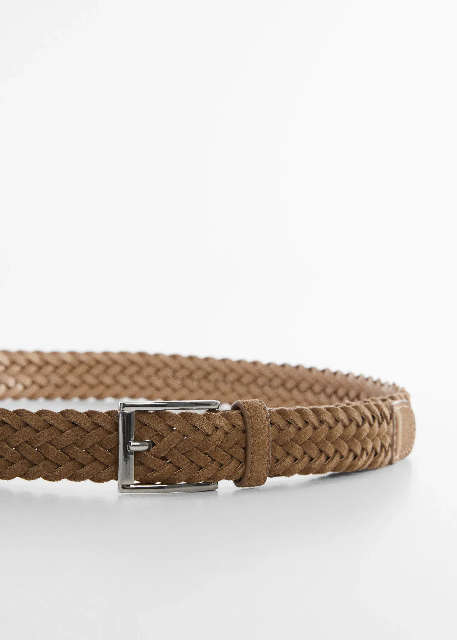 Mango Braided suede belt. a close-up of a brown belt on a table. 
