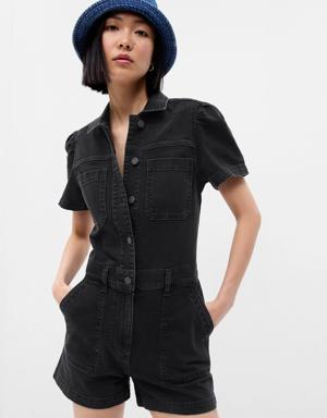 Puff Sleeve Denim Romper black