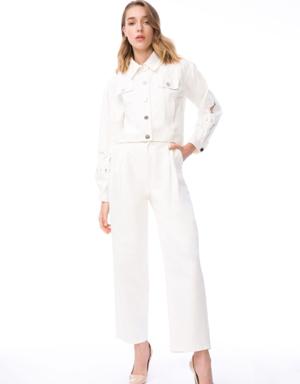 Pocket Embroidery Detailed High Waist White Jean Trousers