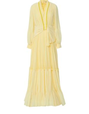 Long Yellow Evening Dress With V-Neck Pleats