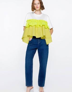 Neon Raincoat Fabric Detailed Flounce Ecru Tshirt