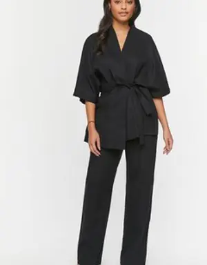 Forever 21 Linen Belted Kimono &amp; Pants Set Black