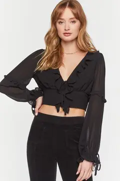 Forever 21 Forever 21 Ruffled Chiffon Smocked Crop Top Black. 2