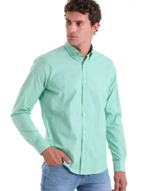 Yeşil Slim Fit Çizgili Pamuklu Düğmeli Yaka Uzun Kollu Casual Gömlek