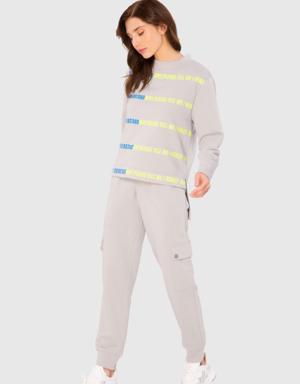 Neon Print Detailed Two-Thread Grey Sweatshirt