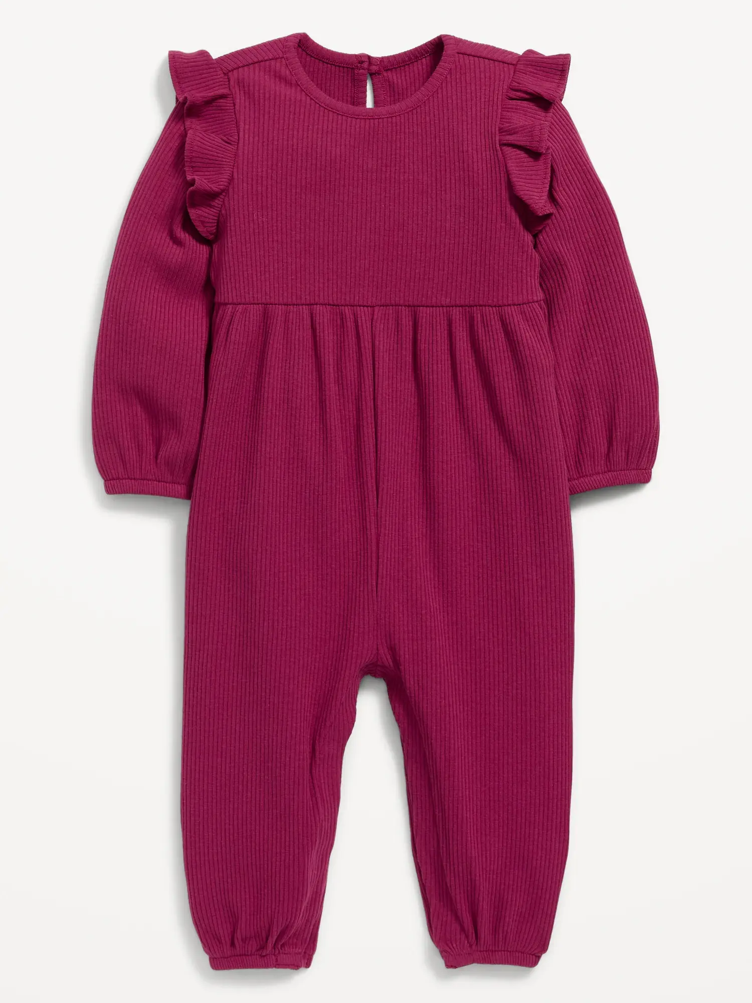 Old Navy Long-Sleeve Rib-Knit Ruffle-Trim Jumpsuit for Baby red. 1