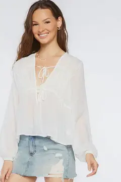Forever 21 Forever 21 Plunging Peasant Sleeve Top White. 2