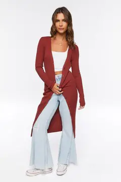 Forever 21 Forever 21 Ribbed Longline Cardigan Sweater Brick. 2