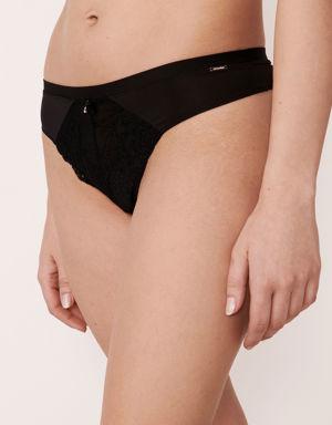 Microfiber and Lace Thong Panty