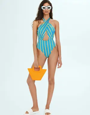 Multi-colored striped wrap swimsuit