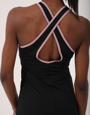 Siyah - Gül Kurusu Çapraz Askılı Kolsuz Standart Kalıp Kadın Spor Atlet - 97094