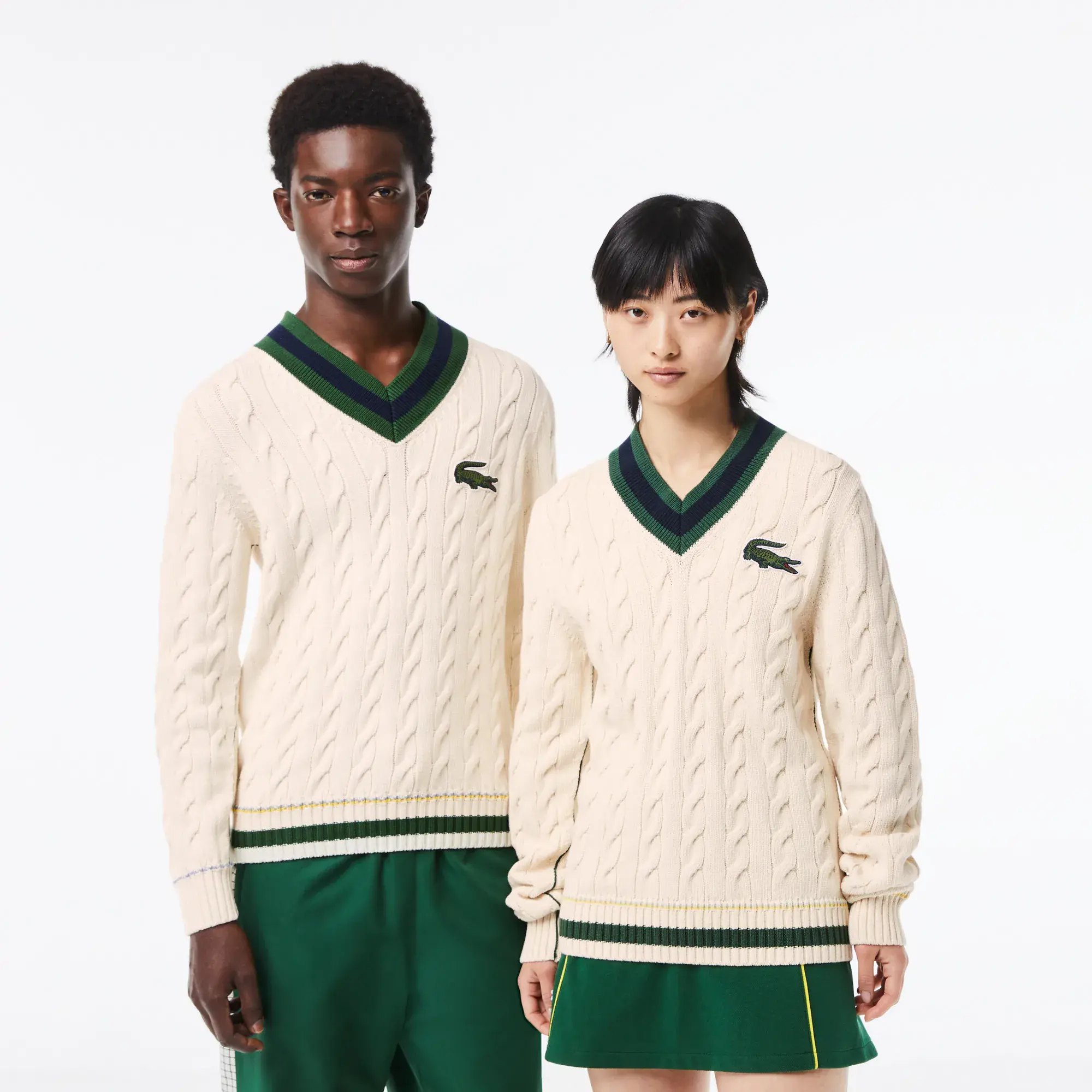 Lacoste Unisex Lacoste V-Neck Cable Knit Sweater in Organic Cotton. 1