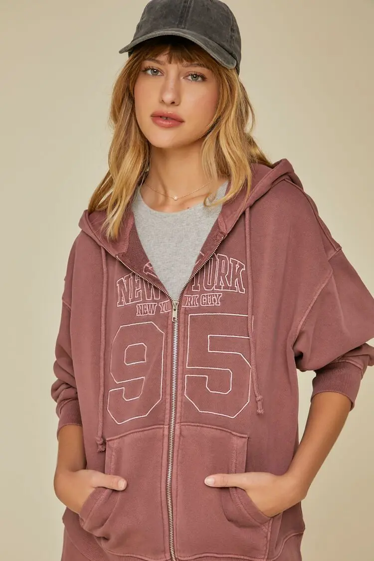 Forever 21 Forever 21 New York Graphic Zip Up Hoodie Burgundy/Cream. 1