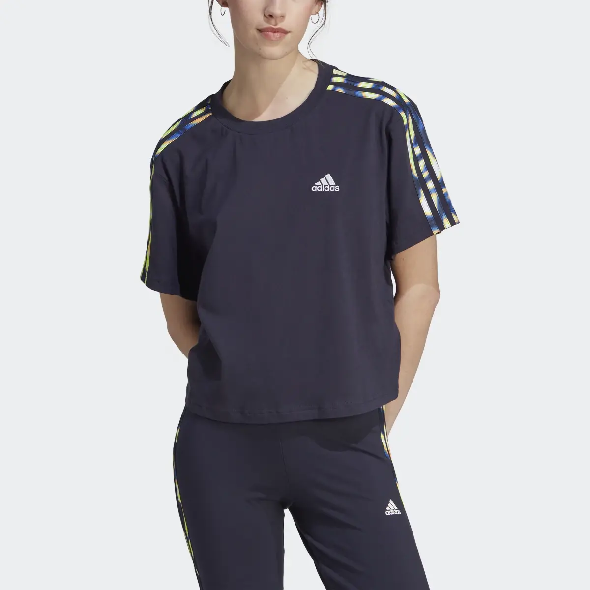 Adidas Vibrant Print 3-Stripes Cotton Crop Tee. 1