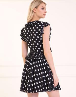 Ruffle And Flounce Detail Polka Dot Black Short Dress