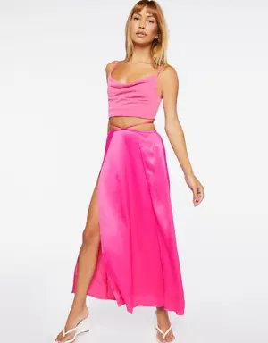 Forever 21 Satin Cutout Slit Maxi Skirt Shocking Pink