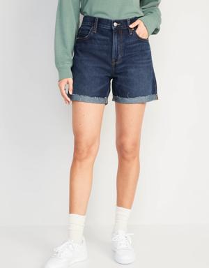 High-Waisted Slouchy Straight Non-Stretch Cut-Off Jean Shorts for Women -- 5-inch inseam blue